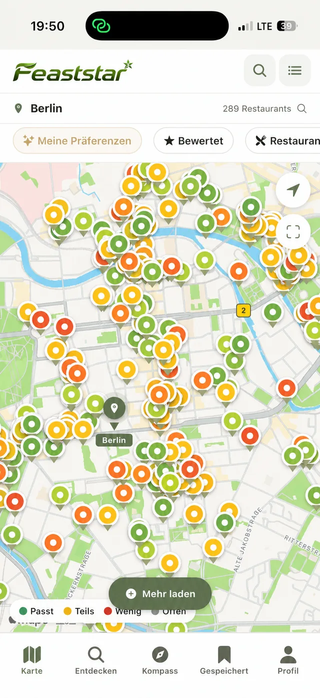 Feaststar Karte mit Restaurant-Pins in Berlin