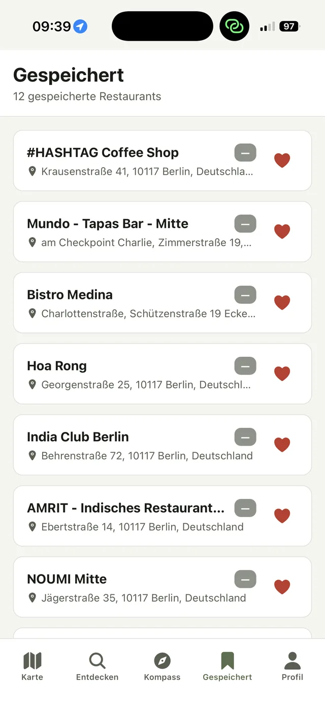 Feaststar Gespeichert — gespeicherte Restaurants mit Herz-Icons