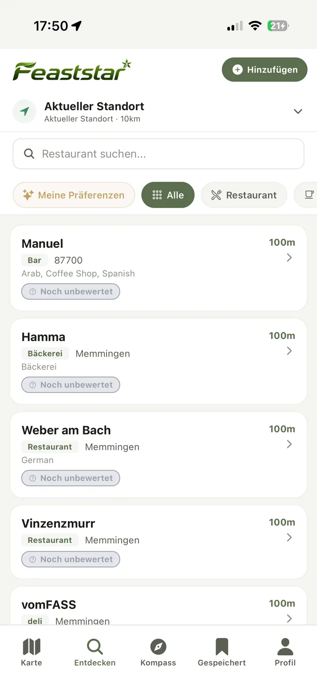 Feaststar Entdecken-Liste — Restaurants in deiner Nähe